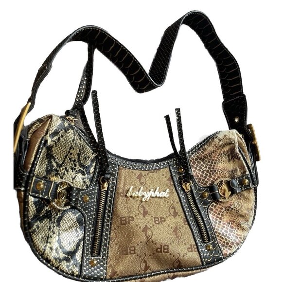 Vintage Baby Phat Snake Skin Shoulder Hand Bag Gold Black White Stones NWT RARE - Picture 2 of 16
